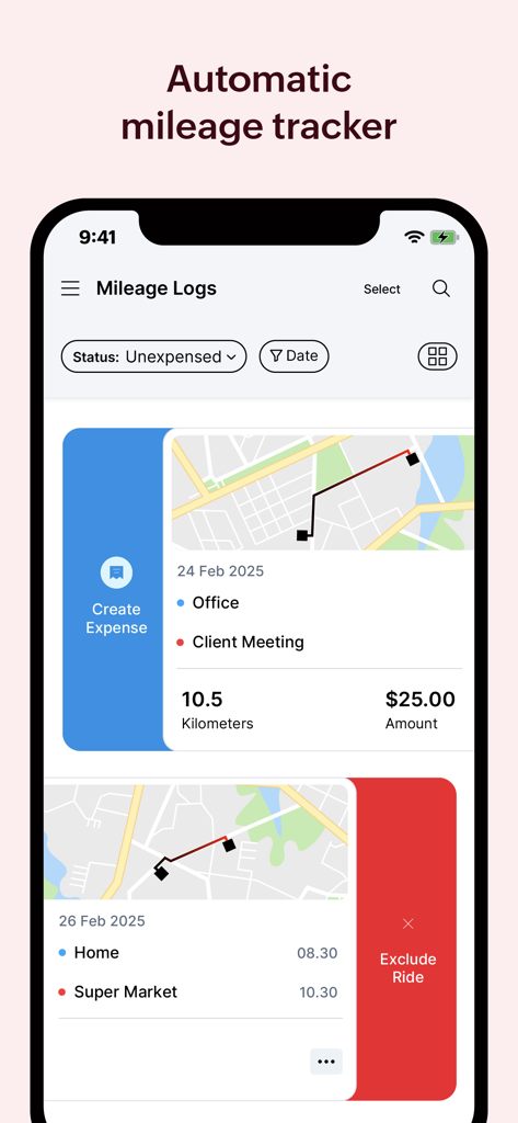 Zoho Expense: Travel & Expense - Ein Smartphone-Bildschirm, der den automatischen Kilometerzähler von Zoho Expense mit Kartenrouten und Fahrtenprotokollen anzeigt.
