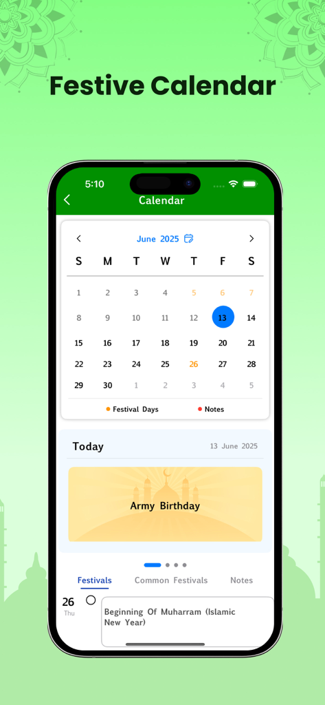 Festive Calendar interface in the Holy Quran in Thai app showing Islamic holidays and personal notes.
