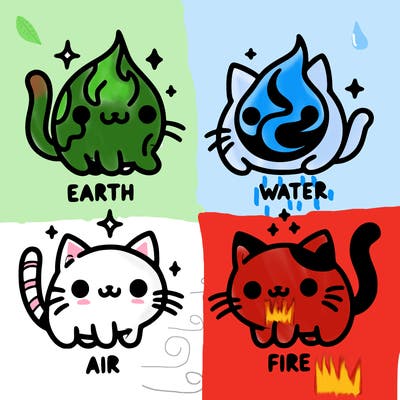4 cats that represent the different elements, earth, water, air, and fire