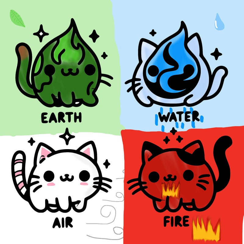4 cats that represent the different elements, earth, water, air, and fire