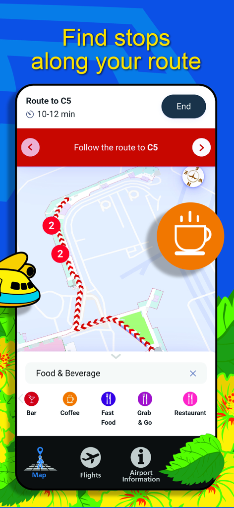 HNL Airport - HNL Airport app interface showing a terminal map with a route to gate C5 and nearby food and beverage options like coffee.