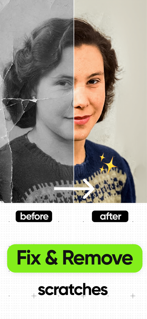 Restore Old Photos: Restorio - Vorher-Nachher-Vergleich eines beschädigten Schwarz-Weiß-Fotos, das mit der Restorio-App restauriert und koloriert wurde.