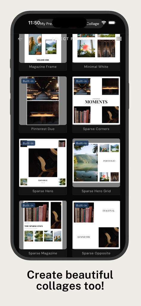 BatchPad: Photo Border in Bulk - A menu of minimalist and magazine-style photo collage templates in the BatchPad app interface.