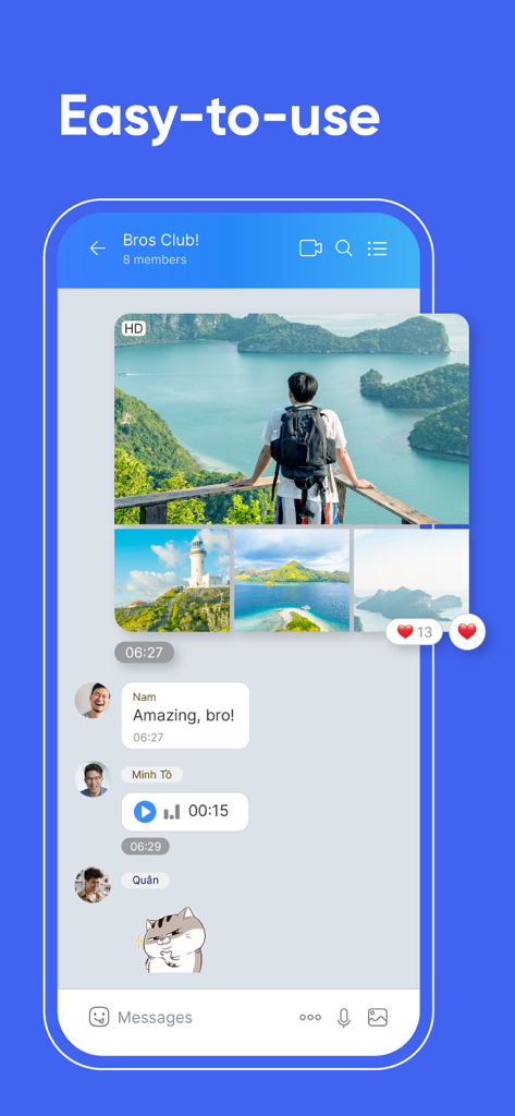 Zalo Gruppenchat-Oberfläche zeigt geteilte Reisefotos und Sprachnachrichten an