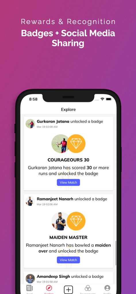 CrickPro - Cricket Scoring App - CrickPro app rewards and recognition screen showing player achievement badges