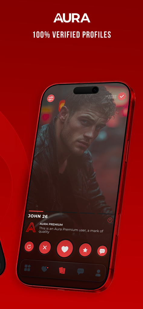 AURA - Premium Dating - Aura premium dating app interface showing a verified profile and premium status badge.