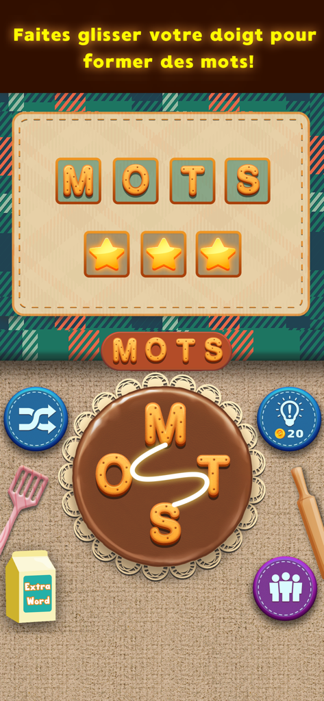 A word puzzle game interface from Mots Cookies showing letter cookies on a chocolate plate forming the word MOTS.