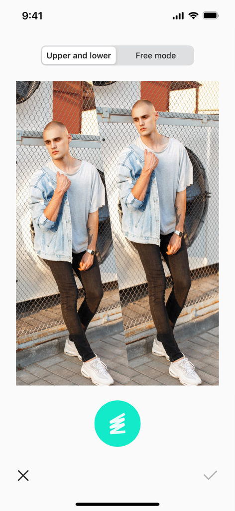 Side by side comparison of a man with edited body proportions in the Spring app interface