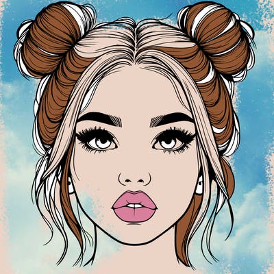 realistic girl with two buns on her hair and lips