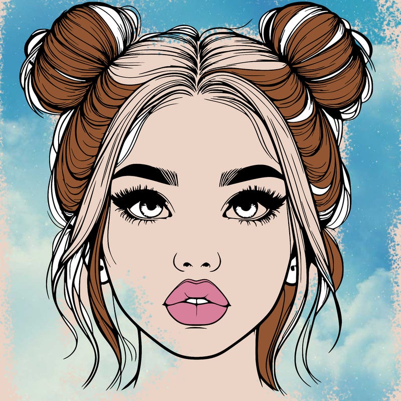 realistic girl with two buns on her hair and lips