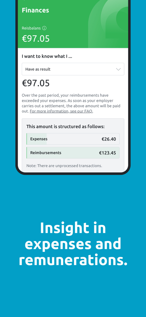 Reisbalans app interface showing the finances section with a summary of business expenses and reimbursements