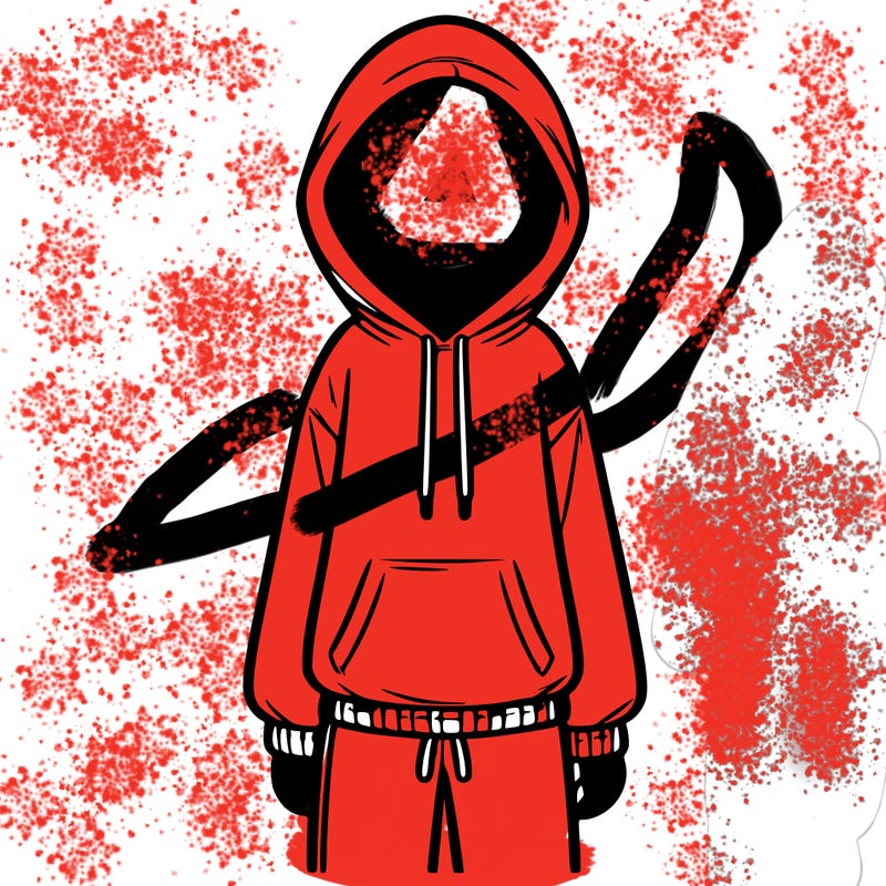 faceless girl in a tracksuit with a hood on and no hair