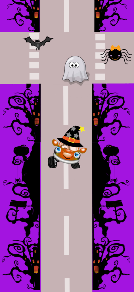 Car Match 2026 - Traffic Jam - An orange toy car wearing a wizard hat driving on a road with a ghost and a spider in a Halloween themed level.