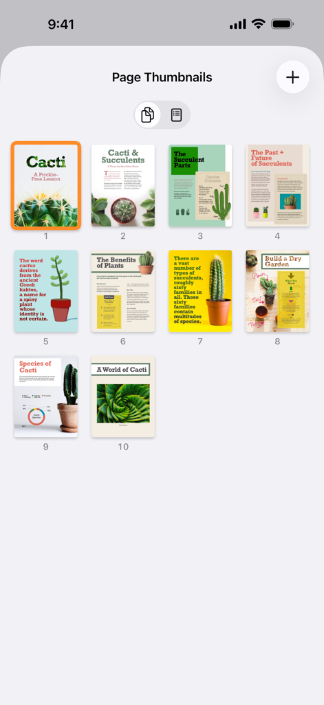 Una griglia di miniature di pagine per un documento a tema cactus creativo nell'app Pages su iPhone.