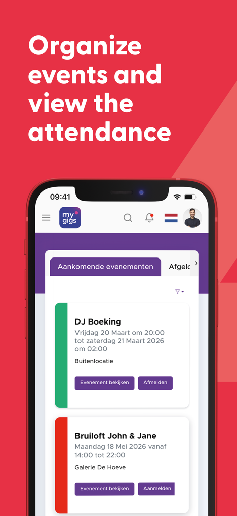 Screenshot of the 4planning app showing upcoming events and attendance options