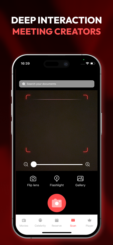 Interface do aplicativo Movie House HD mostrando o recurso de digitalização de documentos com visualizador de câmera e barra de pesquisa