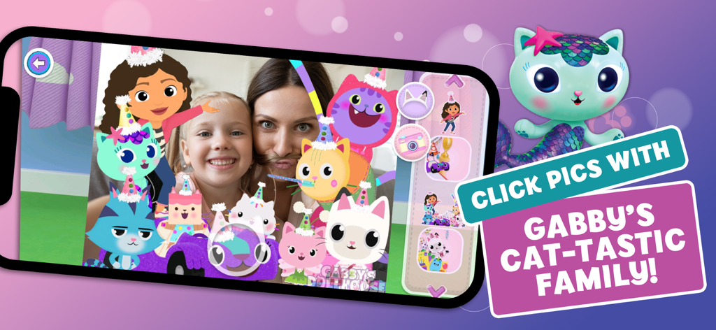 A child and a woman taking a picture with digital stickers of Gabby's Dollhouse characters using the app photo feature.