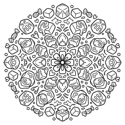 Dive into a world of sugary delights with this delightful caramels mandala coloring page, perfectly designed for young artists. Its symmetrical pattern of delicious candies offers a fun and engaging coloring experience for kids aged 4-8.