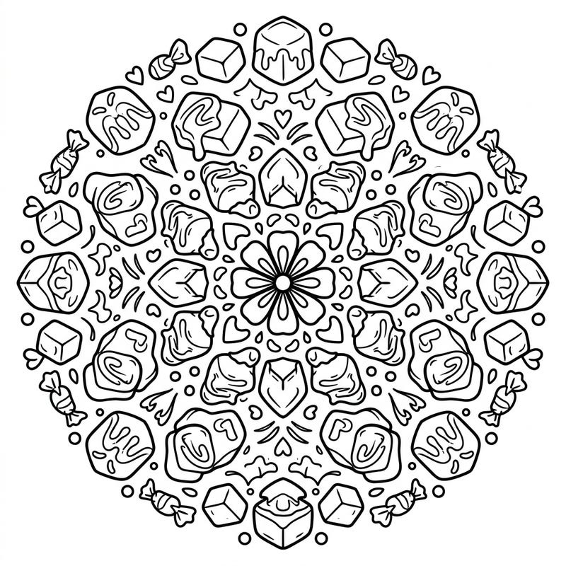 Dive into a world of sugary delights with this delightful caramels mandala coloring page, perfectly designed for young artists. Its symmetrical pattern of delicious candies offers a fun and engaging coloring experience for kids aged 4-8.