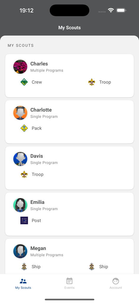 Scouting - The My Scouts dashboard in the Scouting app showing a list of scouts and their active BSA programs