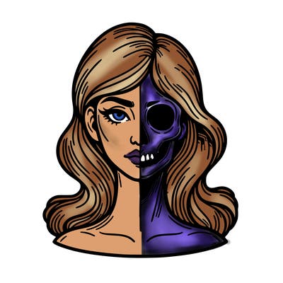 bust of a woman, half face and hair, half skull