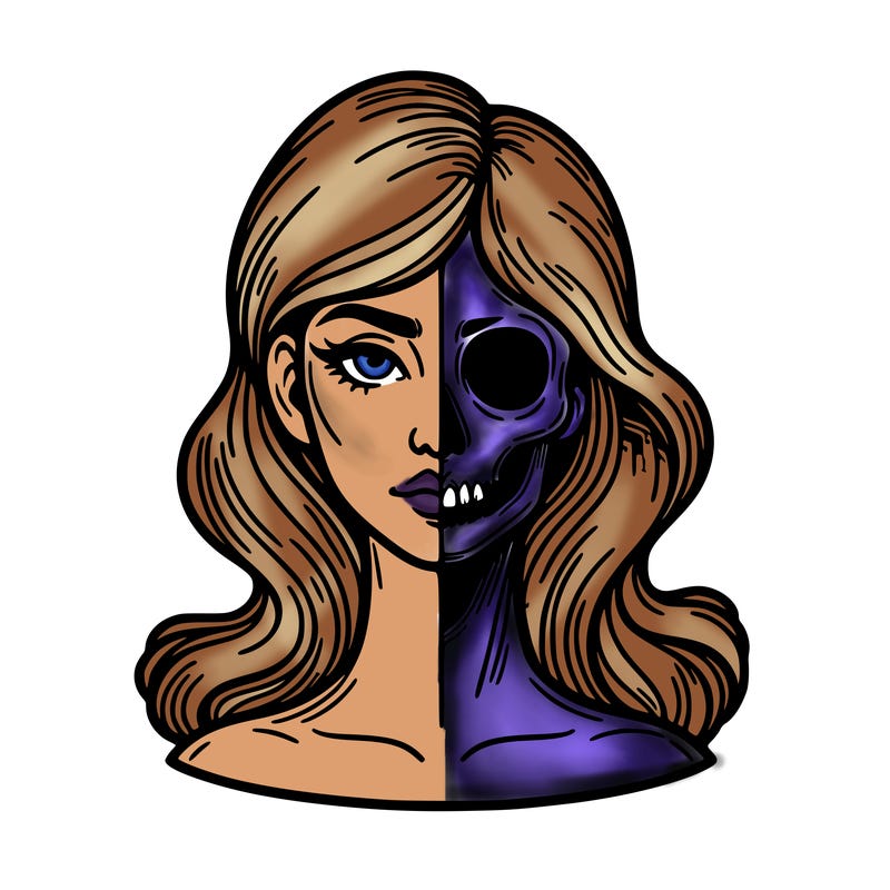 bust of a woman, half face and hair, half skull