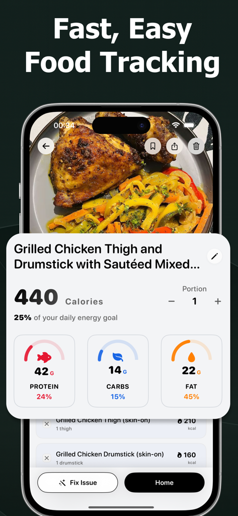 Interfaz de la aplicación CalMeal que muestra análisis de nutrición de calorías y macros para una foto de comida de pollo a la parrilla