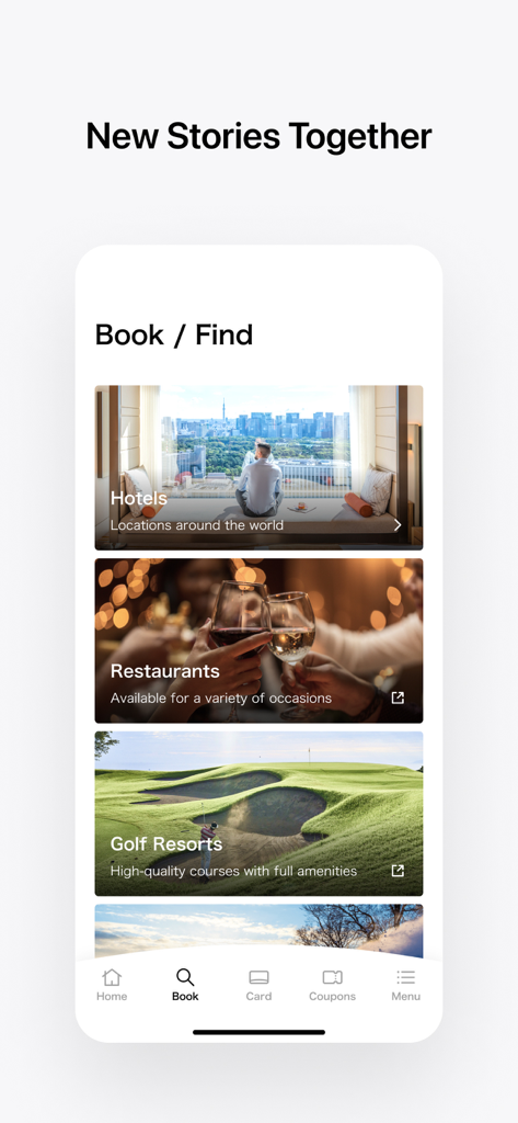 Seibu Prince Global Rewards - 西武プリンスグローバルリワードアプリのインターフェース。ホテル、レストラン、ゴルフリゾートの予約オプションが表示されている