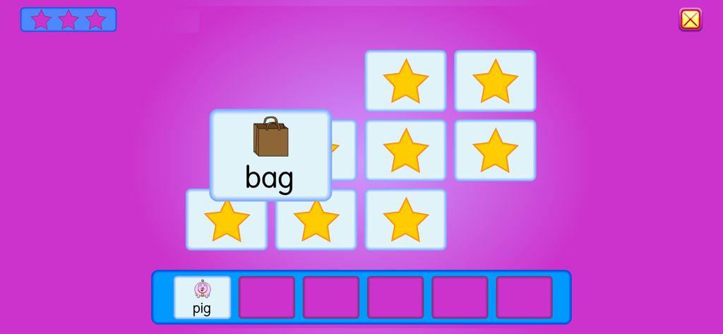 Jogo educativo de correspondência de palavras no aplicativo Starfall Aprenda a Ler apresentando cartas com estrelas e palavras simples como 'bag' e 'pig'.