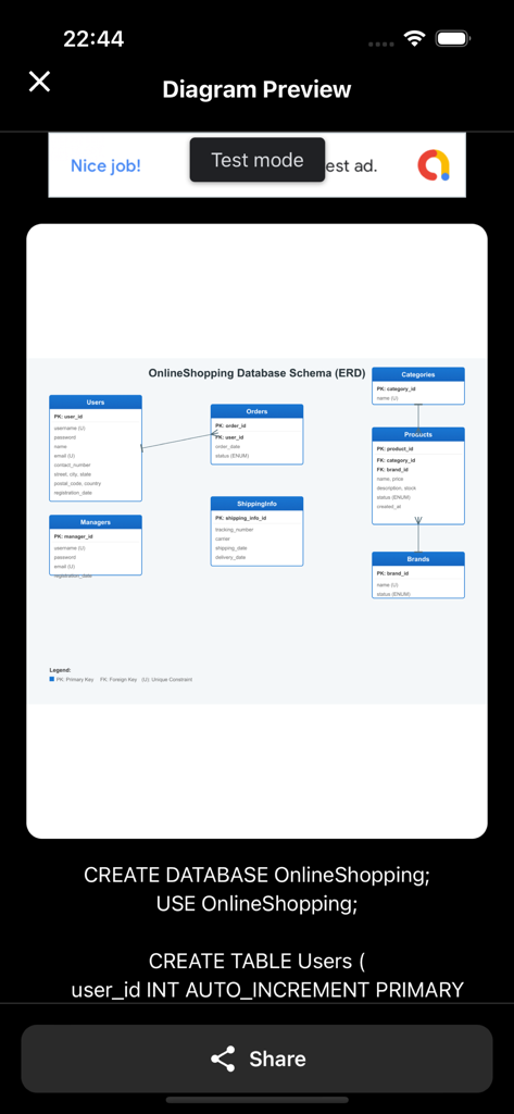 GG AI Diagram - Entity Relationship Diagram preview of an online shopping database schema in the GG AI Diagram app