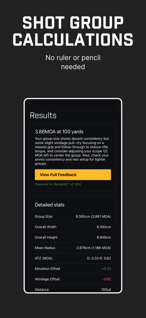 RangeDay - Ballistic x SubMOA - モバイルアプリのインターフェイスに、精密射撃のための詳細なショットグループ統計とAIコーチングフィードバックが表示されています。