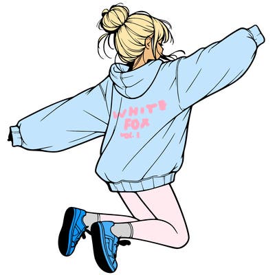 realistic girl jumping with a bun and oversized sweatshirt