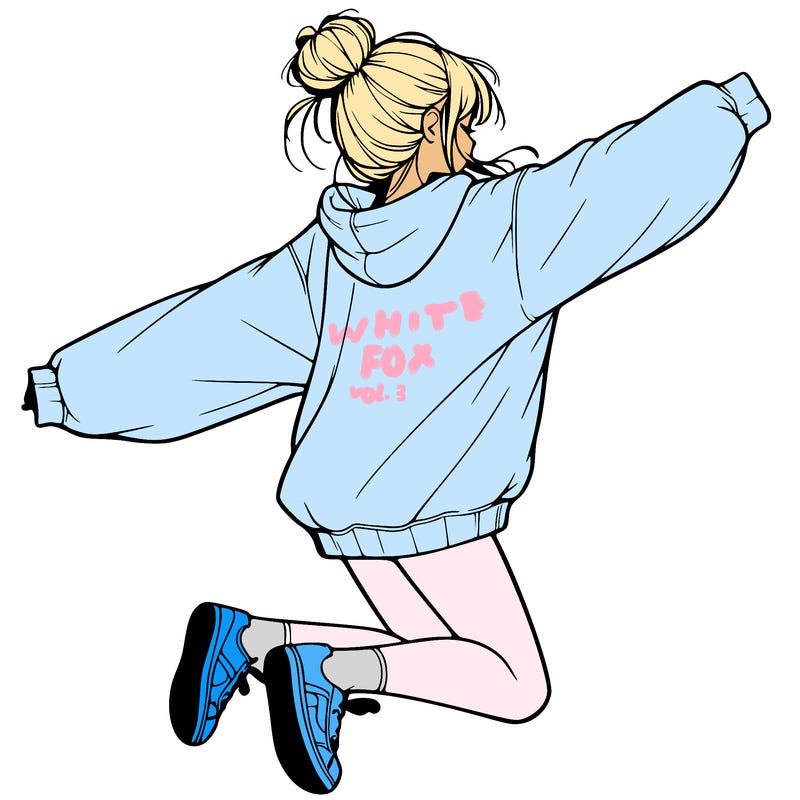 realistic girl jumping with a bun and oversized sweatshirt