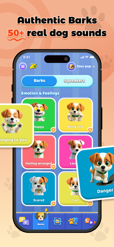 Una captura de pantalla de la aplicación Dog Translator que muestra varios sonidos de ladridos de perros categorizados por emociones de mascotas.