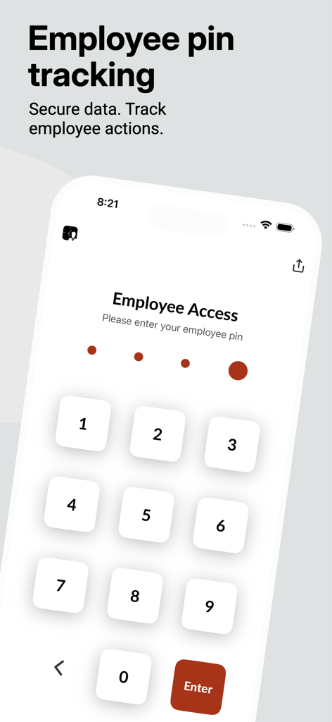 Repair Spots - Secure employee PIN entry screen in the Repair Spots app for tracking staff actions