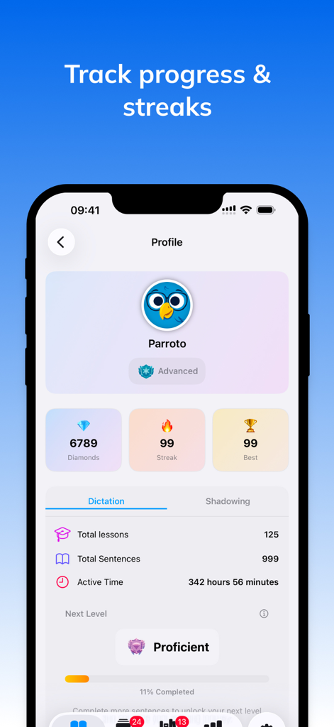 User profile page in the Parroto app displaying learning stats and daily streaks.