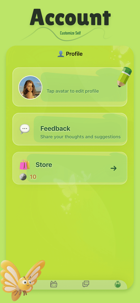 Narru - Narru mobile app account interface showing profile customization feedback and store options on a green nature-themed background