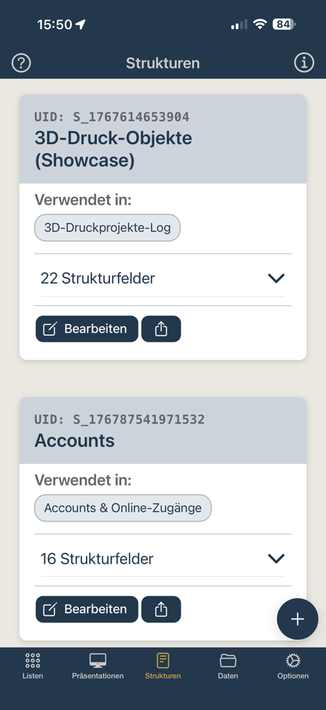 CollectAll Collections - Interface do aplicativo CollectAll exibindo estruturas de dados definidas pelo usuário para organizar projetos de impressão 3D e contas online.