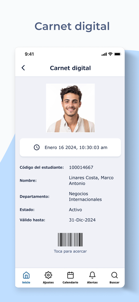 Científica Móvil - Un carnet de estudiante digital en la aplicación Científica Móvil que muestra el nombre del estudiante, foto y número de identificación.