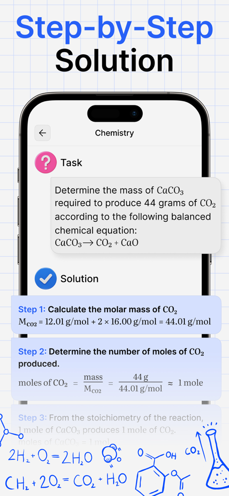 Math Solverアプリのインターフェース。化学の宿題問題に対する詳細なステップバイステップの解答が表示されています。