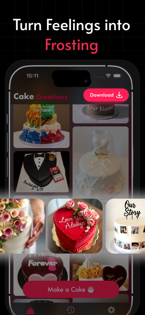 AI CakeMaker - Name on Cake - A gallery view of the AI CakeMaker app showing various personalized cake designs for weddings, birthdays, and anniversaries.