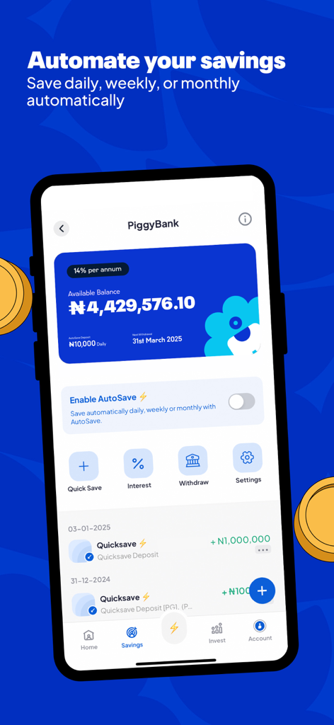 PiggyVest: Save & Invest Today - PiggyVest App-Oberfläche, die eine automatisierte Sparfunktion und den Kontostand in Naira anzeigt