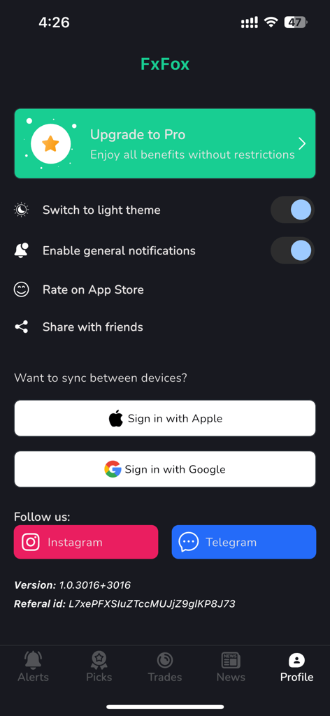 FxFox-App-Profilseite mit Optionen für die Anmeldung zu den Kontoeinstellungen und Links zu sozialen Medien