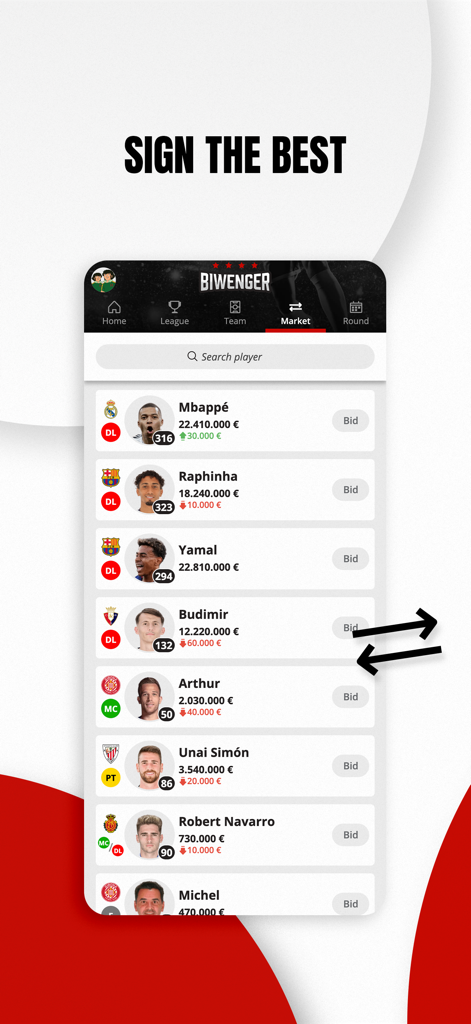 Mobile app screen showing the Biwenger transfer market where users can bid on soccer players.