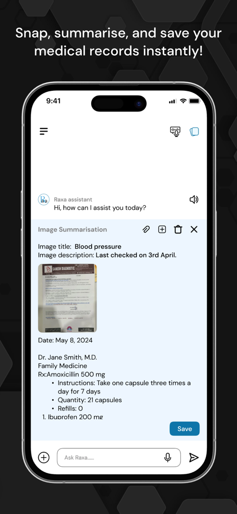 Raxa-App-Oberfläche, die eine KI-gestützte Zusammenfassung eines fotografierten medizinischen Berichts einschließlich der Verschreibungsdetails zeigt