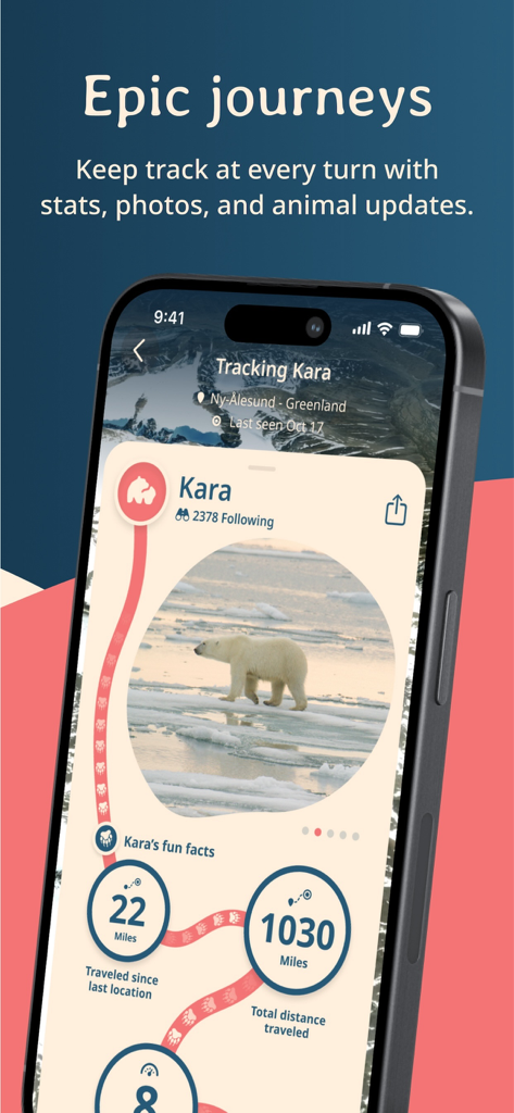 Fahlo App-Bildschirm, der einen Eisbären namens Kara mit Reisestatistiken und Fotos verfolgt