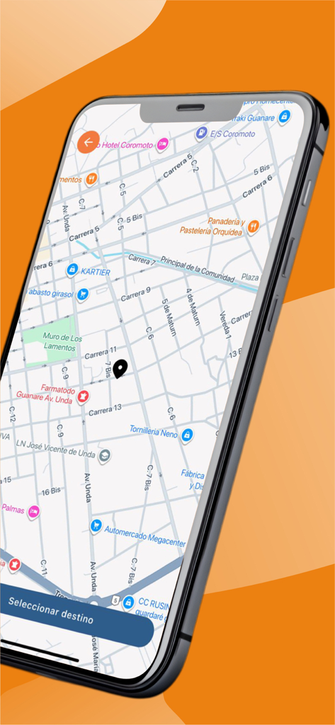 Roda Rides - Roda Rides app interface displaying a city map and a button to select a destination