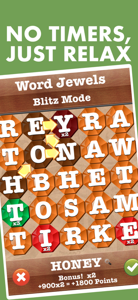 Word Jewels game screenshot of Blitz Mode showing a word formed with jewel tiles