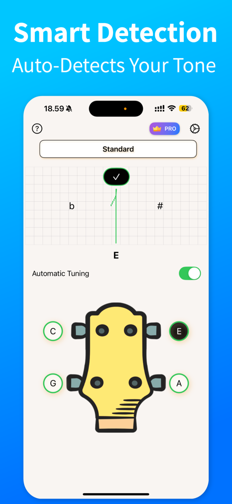 Ukulele Tuner - TuneGuide - Interfaz de la app Ukulele Tuner que muestra la detección inteligente de tono y el modo de afinación automática