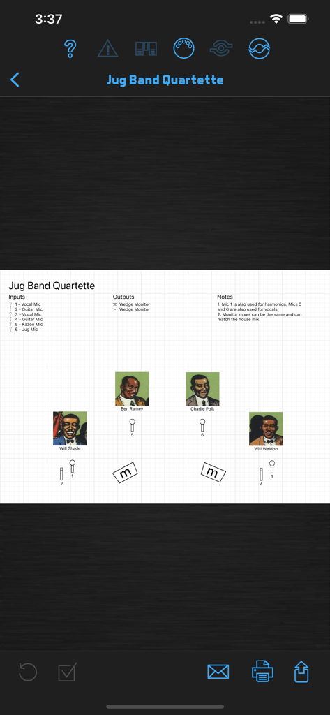 BandHelper - A professional band stage plot layout showing musician positions and technical audio requirements.